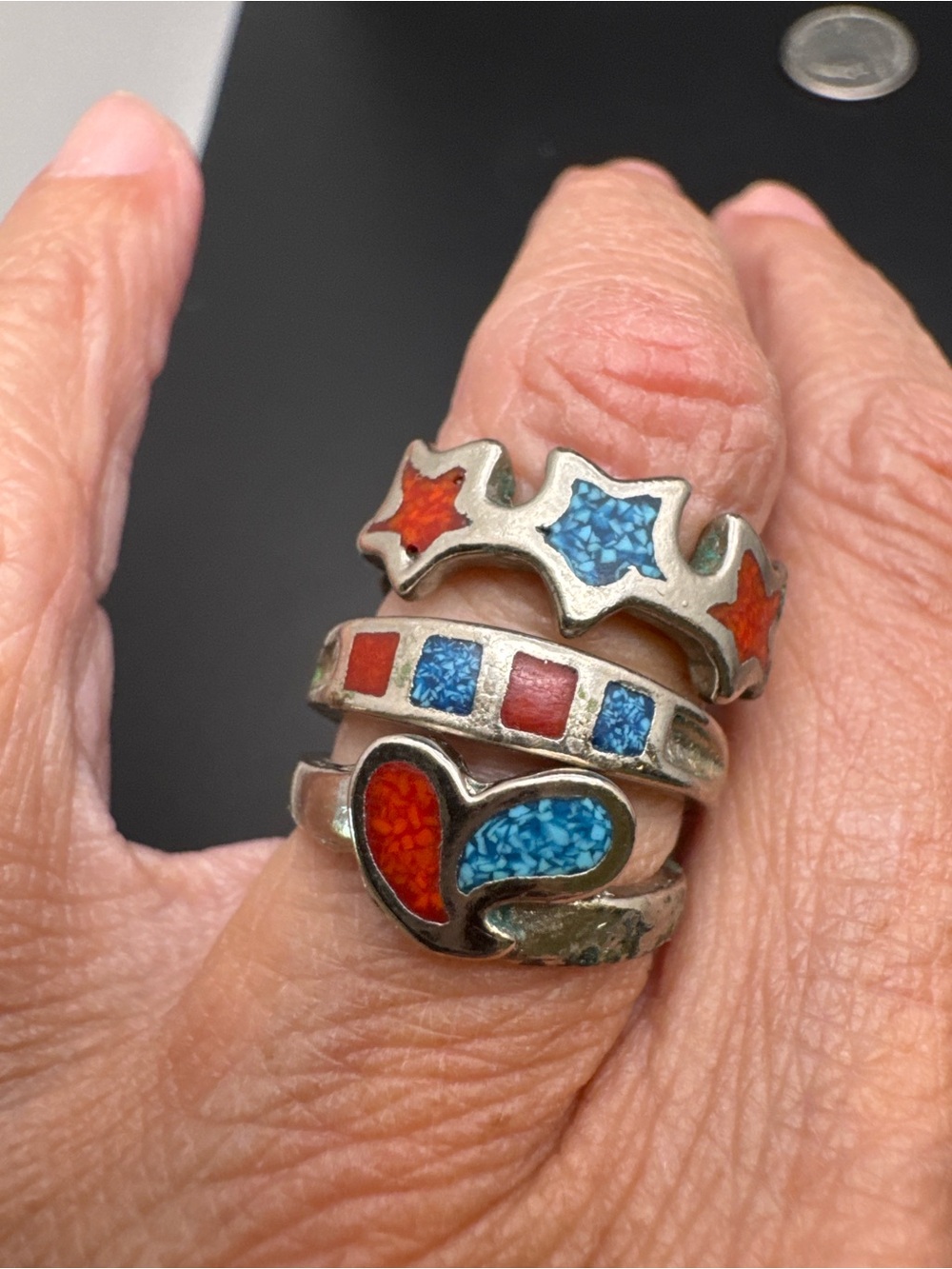 Sterling Silver Inlay Star & Teardrop Rings. Blue & Red - Picture 7 of 7